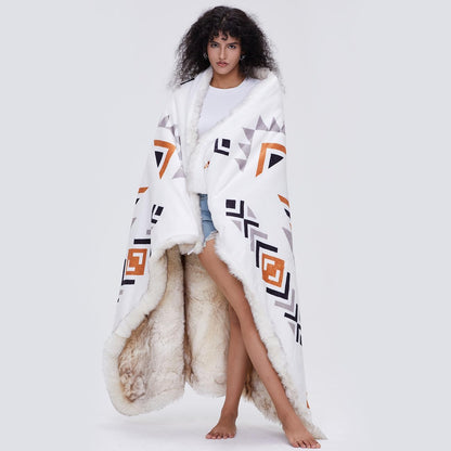 Luxury Plush Faux Fur Throw Blanket with Aztec Pattern, Super Warm, Fuzzy, Elegant, Fluffy Decoration Blanket for Couch, Armchair, Sofa and Bed, 50''x 60'', Cream