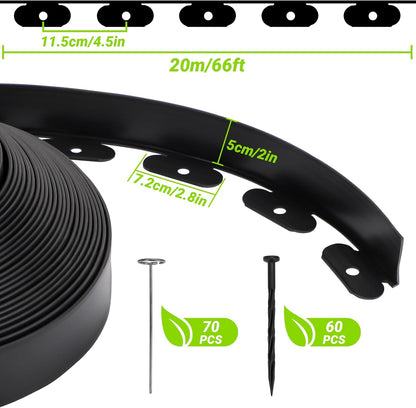 Greaner Edging for Landscaping 2 Inch Tall, 66FT Garden Edger Border, Landscaping Edging Border with 60 Plastic Spikes and 70 Solid Iron Spikes, Flexible Garden Border Edging for Garden Flower Beds