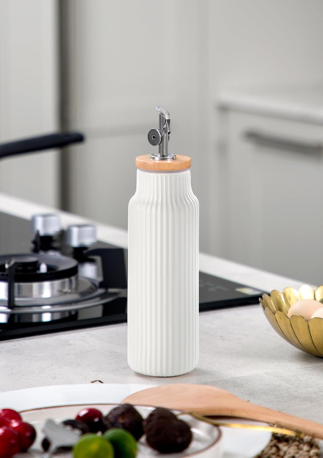 Nucookery Ceramic Olive Oil Dispenser Bottle for Kitchen, 14 oz Opaque Vinegar Dispenser Bottle, Large Capacity Cooking Oil Container for Storage Vinegar, Soy Sauce, Coffee Syrup, White