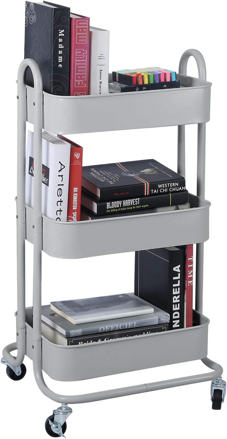 Melody House 3-Tier Metal Mesh Utility Rolling Cart Storage Organization Cart with Wheels, Light Gray