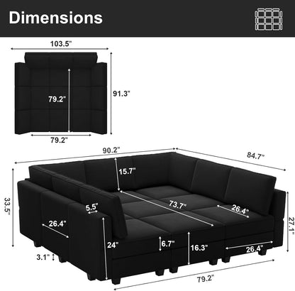 Belffin Modular Sectional Sofa with Ottomans Velvet Reversible Sleeper Chaise Bed Storage Seat Black