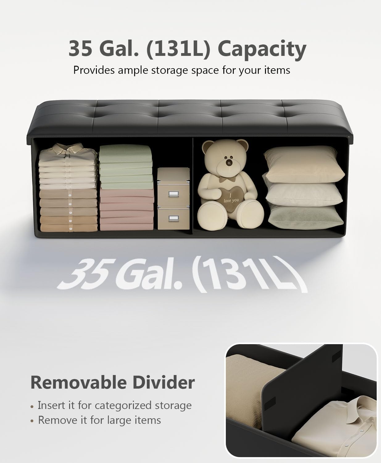 Storage Ottoman Bench, Folding Ottoman Foot Rest, 15 x 43 x 15 Inches, End of Bed Bench,Storage Chest, for Living Room, Bedroom, Hallway, Entryway, Holds up to 700 lb,Black