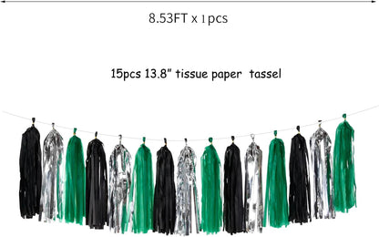Black Green Silver Tassel Garland - 15pcs Soccer Party Supplies Tassels Graduation Backdrop Decorations Men Boys Birthday Spring Summer Jungle Theme Banner