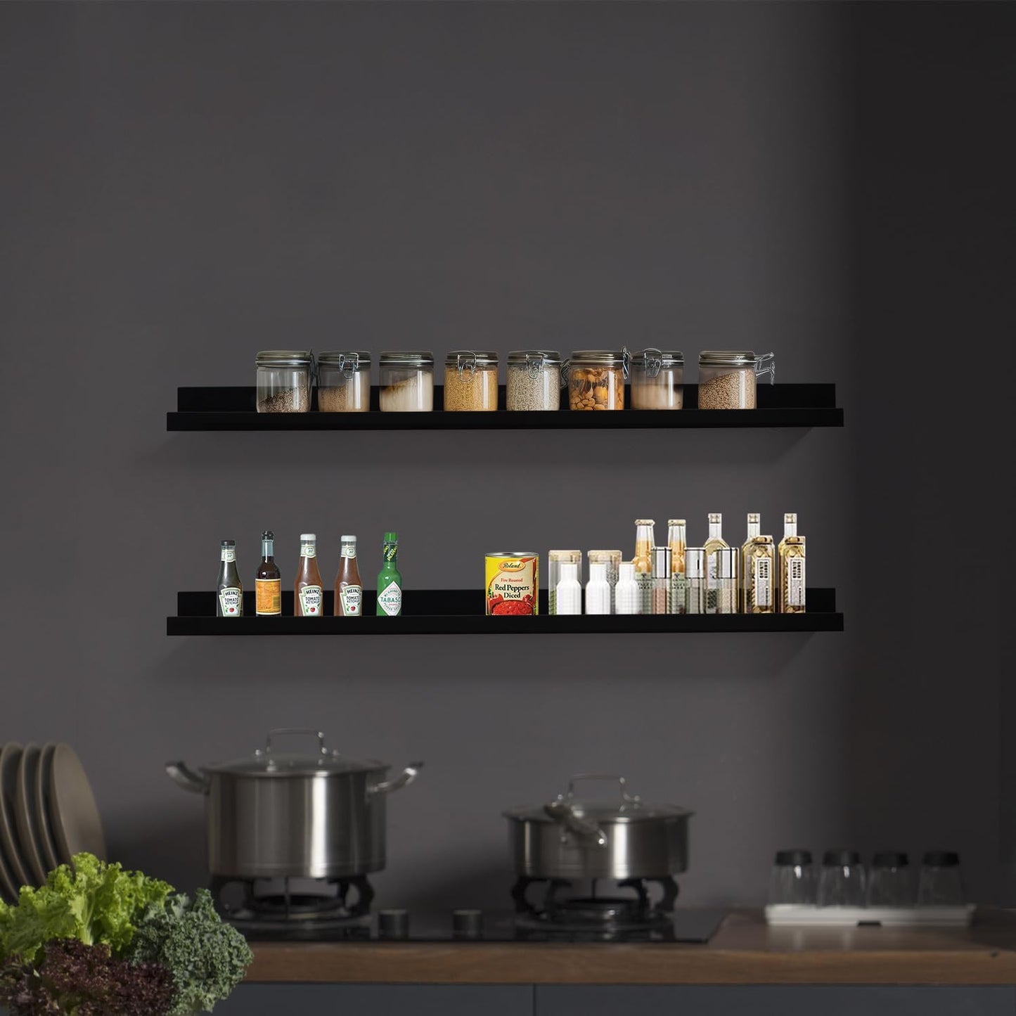 Black Floating Shelves 36 Inch Modern Picture Frame Shelf for Wall Picture Ledge Shelves with Lip Wooden Book Toy Shelves Set of 2 Bathroom Shelf Organizer for Living Room Bedroom Kitchen Wall Decor