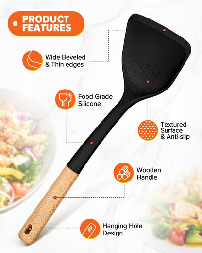 Silicone Cooking Utensils Set, Perfectly Angled for Frying, Mixing,Serving,Draining,Turning and Stirring, BPA-Free Matte Silicone, Wood Handles, Safe for Nonstick Cooking Surfaces,4 Pack (Black)