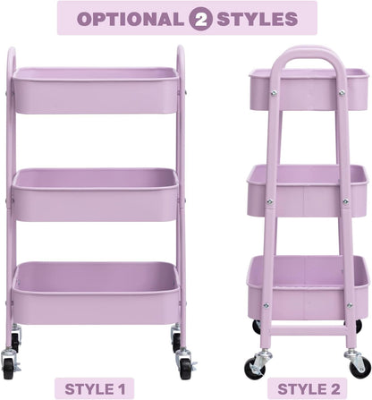 AGTEK Makeup Cart, Movable Rolling Organizer Cart, 3 Tier Metal Utility Cart with Lockable Wheels for Home & Office, Purple