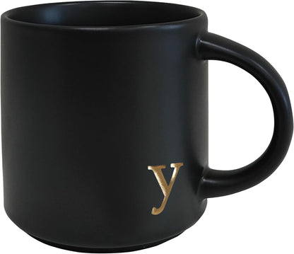 COLLECTIVE HOME - Black Monogram Ceramic Mugs, 15 oz Golden Initial Coffee Cups, Elegant Alphabet Tea Mugs, Personalized Halloween Mug with Gift Box, Perfect for Office and Home Décor (y)