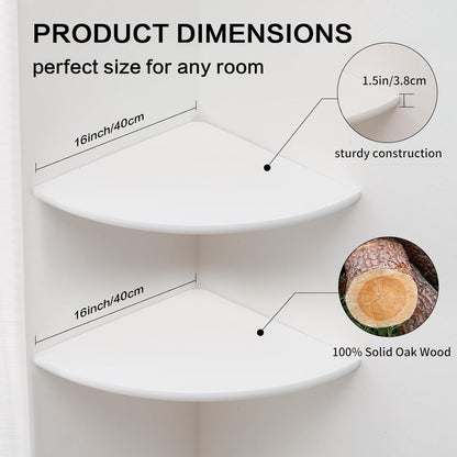 Corner Wall Shelves, White Floating Corner Shelf, Set of 2 16inch Solid Oak Wood Shelves, Round End Wall Mount Display Shelf with Wire Hole for Small Plant for Bedroom Kitchen, Living Room