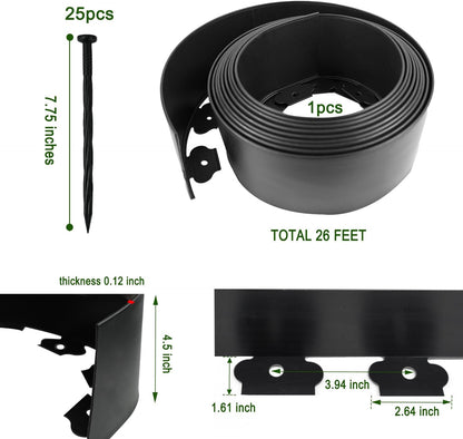 Hugeleaf 26 Feet Landscape Edging with 25pcs Spikes 4.5 Inch Tall Garden Edging for Landscaping, Garden, Flower Beds, Lawn (Black)