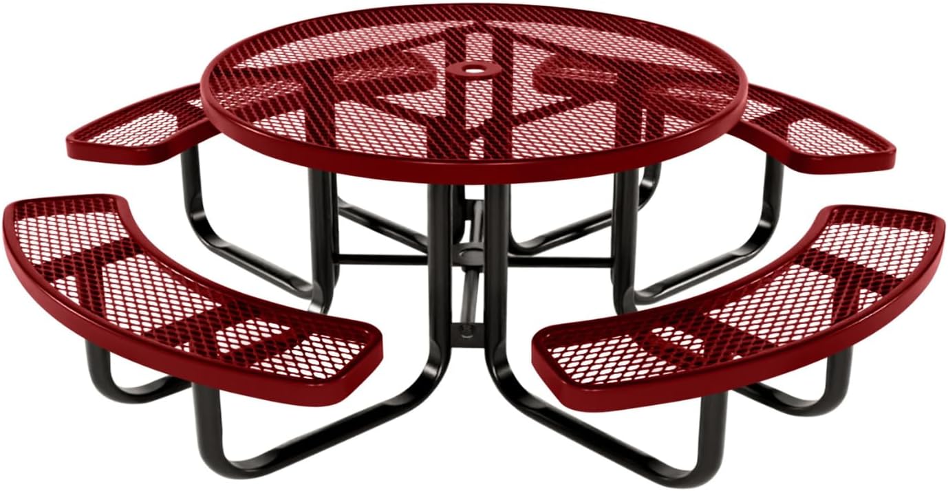 Coated Outdoor Furniture Heavy-Duty Portable Outdoor Kids Table with Umbrella Hole, Expanded Metal Kids Picnic Table, Commercial-Grade, Made in America (46 In, Round, Childrens, Textured Burgundy)