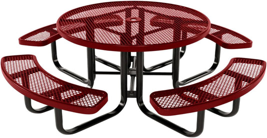 Coated Outdoor Furniture Heavy-Duty Portable Outdoor Kids Table with Umbrella Hole, Expanded Metal Kids Picnic Table, Commercial-Grade, Made in America (46 In, Round, Childrens, Textured Burgundy)