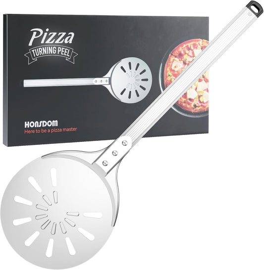 Pizza Turning Peel, 8-inch Pizza Peel Turner Spinner, Long Handle Perforated Aluminum Pizza Peel