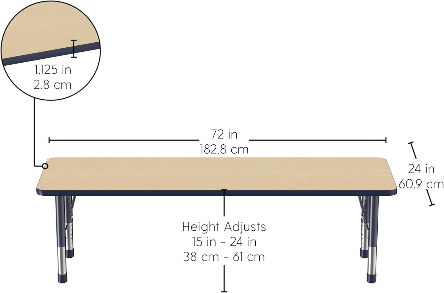 Factory Direct Partners FDP Rectangle Activity School and Classroom Kids Table (24 x 72 inch), Chunky Toddler Legs, Adjustable Table Height 15-24 inches - Maple Top and Navy Edge