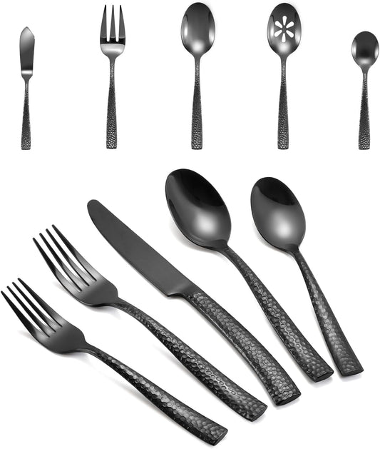 Silverware 65-Piece Black Hammered Flatware Set with Serving Utensils Stainless Steel Thick Handle Mirror Polished Cutlery Set for Wedding Hotel Restaurant, Service for 12