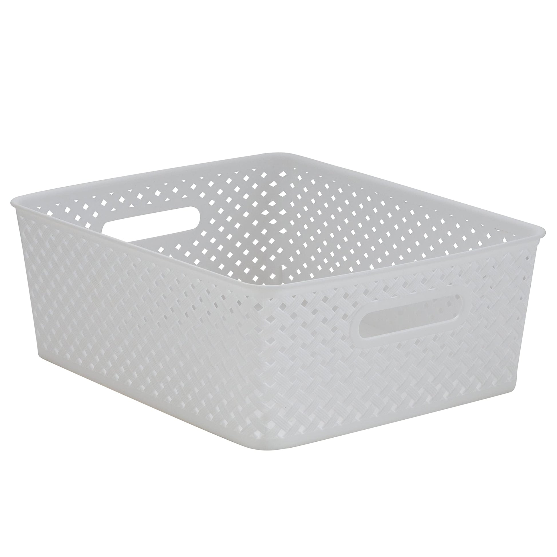 Simplify Medium Resin Wicker Tote | Storage Bin | Plastic Organizer | Carrying Handles | Bathroom |