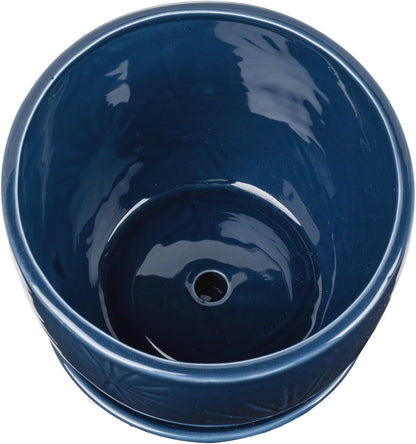 MyGift 7 Inch Round Blue Ceramic Plant Pot with Drainage Hole and Attached Saucer, Modern Decorative Embossed Sunburst Planter Container for Indoor Home Garden