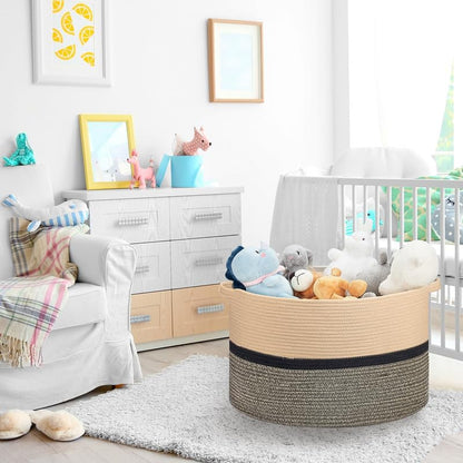 Ravinte Large Storage - 22"x 22"x 14" Blanket Basket for Living Room, Baby Toy Storage, Cotton Rope Woven Laundry Basket (Brown-Black-Light Black)
