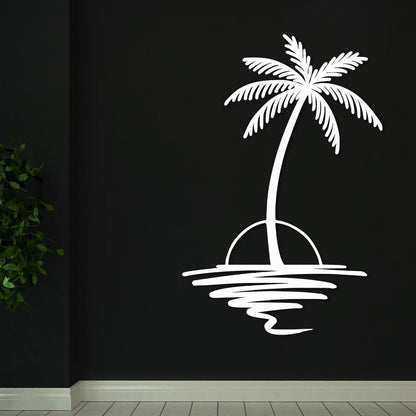 Metal Palm Tree with Sunset Wall Art, Large Outdoor Wall Decor, Tropical Beach Coastal Decor for Living Room, Bedroom, Garden Home Wall Sign, Perfect Metal Wall Art for Beach House, Coastal Theme, and Home Decoration (White, 48 x 40 inches)