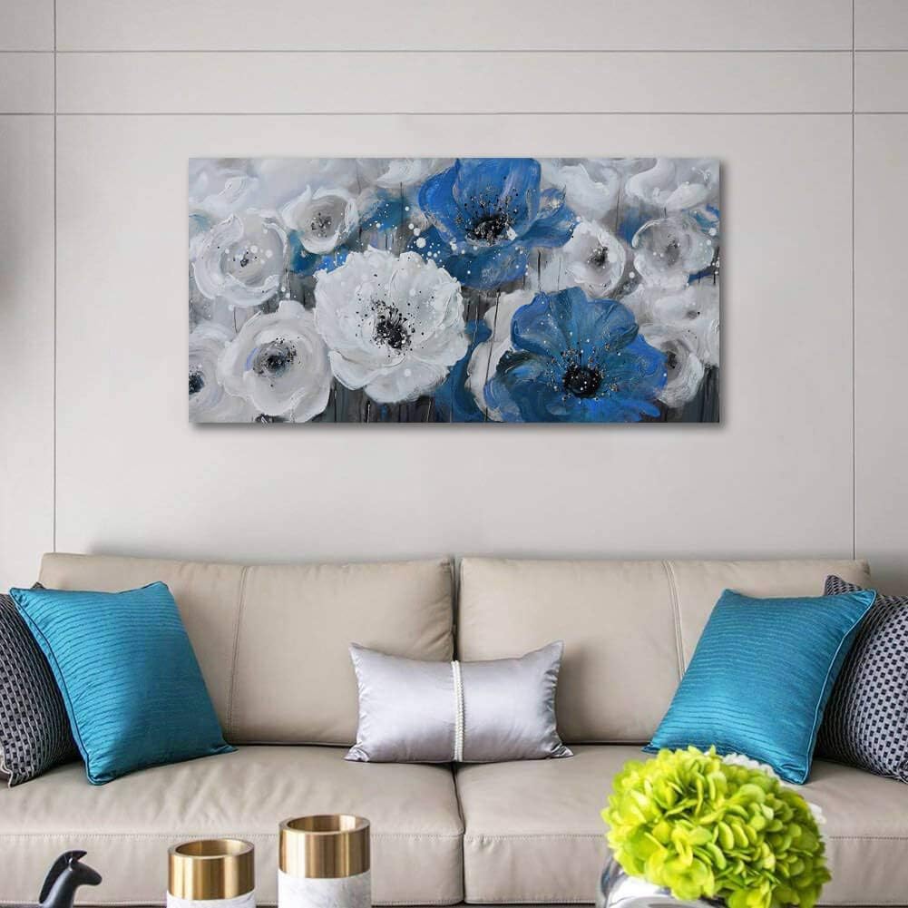 Mofutinpo Large Flower Painting Wall Art, 24x48, Modern Home Decor, Living Room Wall Decorations, White Blue Flower Prints Artwork, Waterproof UV Resistant Canvas, Wall Art for Bedroom