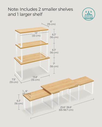 SONGMICS Cabinet Organizer Shelf, Set of 3 Kitchen Counter Shelves, Kitchen Storage, Spice Rack, Stackable, Expandable, Cloud White and Natural Beige UKCS014W01