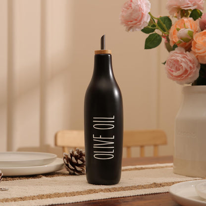 HOMCDALY Ceramic Olive Oil Dispenser for Kitchen, Stoneware 16oz Oil Cruet and Vinegar Bottles Dispenser, Kitchen Dispenser Bottle for EVOO Vinegar Syrups, Modern Farmhouse Design(B-O)