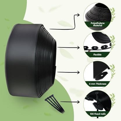 Landscape Edging - 3 Inch x 33FT Garden Border with 100 PCS Spikes, Plastic Lawn Edging for Flower Bed, Pathway and Yard(Black)