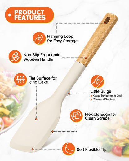 Cooking Spoon and Scraper for Nonstick Cookwares, Great for Cooking and Serving Durable BPA-Free Matte Silicone, Wood Handle Multifunction Spoon for Mixing, Scoop, and Scrape (KHAKI)