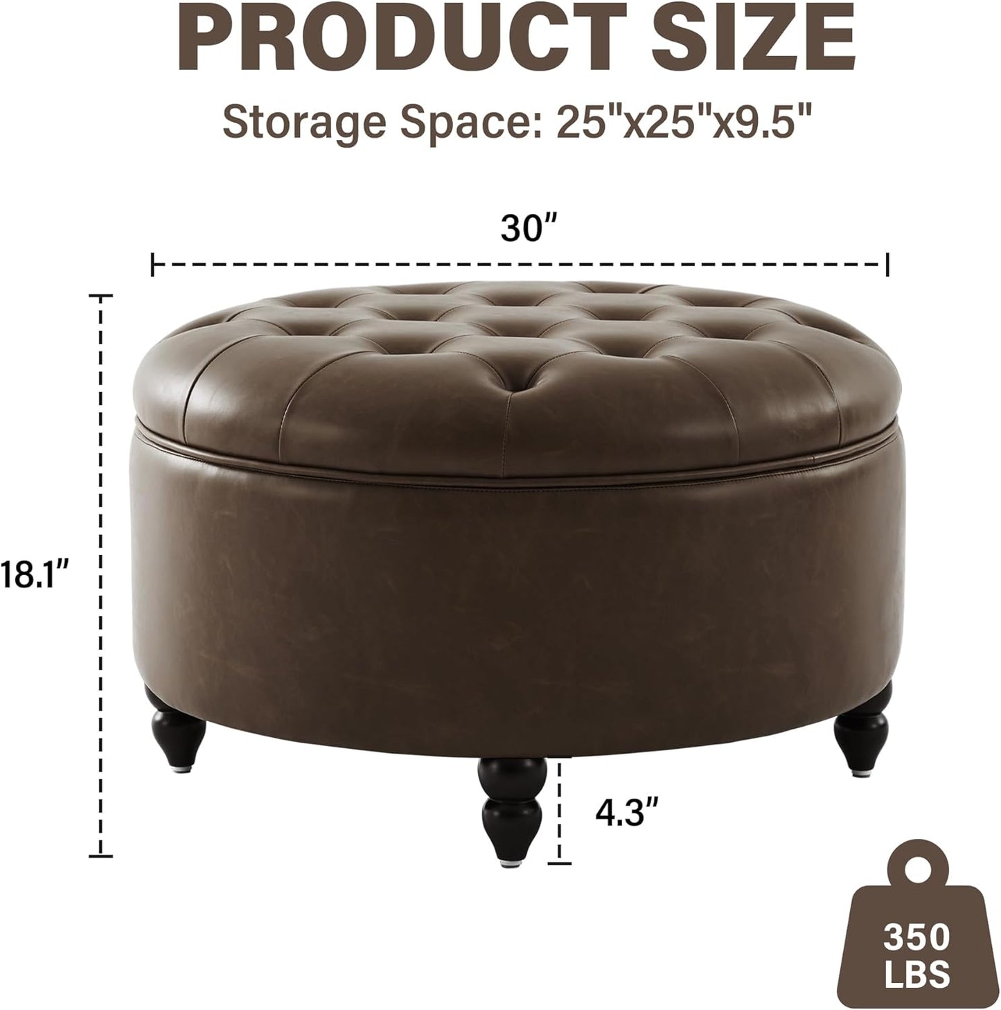 30-Inch Large Round Ottoman, Faux Leather Coffee Table with Removable Lid Top, Upholstered Footrest Modern Button Circle Storage Ottoman for Living Room, Office, PU Coffee