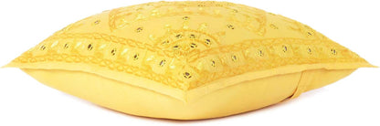 Eyes of India Embroidered Decorative Boho Throw Pillow Cover with Mirrors, Handmade Bohemian Accent Cushion Case for Sofa Couch Bedroom Living Room (Yellow, 24" x 24")