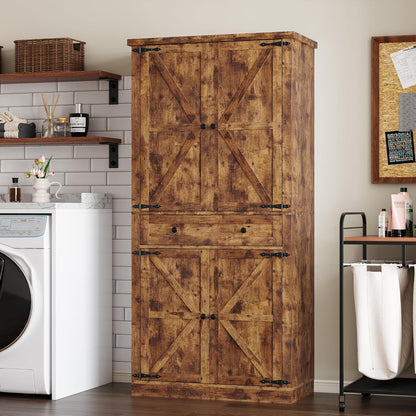 Pantry Organizers and Storage Cabinet, 70” Barn Door White Kitchen Cabinet with Drawers and Adjustable Shelf, Tall Pantry for Kitchen, Dining Room, Living Room