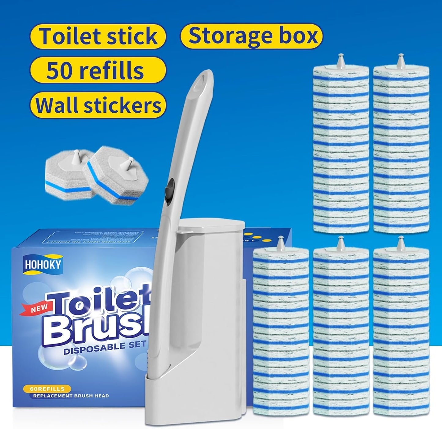 Disposable Toilet Cleaning Wand Set with 50 Refill Pads, Wall-Mounted Holder, Long Handle Toilet Brush System for Deep Bathroom Cleaning