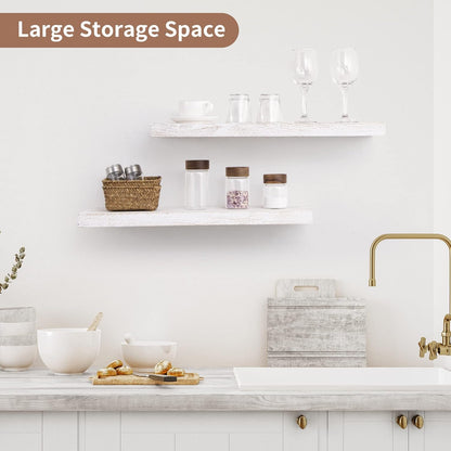 Axeman Floating Shelves for Wall, 24''W x 8''D Rustic Solid Elm Wood Wall Shelves for Storage, Wall Mounted Display Shelving with Invisible Heavy-Duty Metal Bracket (White Wash, 2PCs)