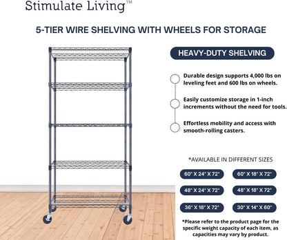 36"x18"x72" Prime Heavy Duty Black 5-Tier Wire Shelving NSF 4000 LBS MAX Capacity Storage Rack for Commercial, Hospital, School, Garage, and Kitchen Uses (with Wheels)