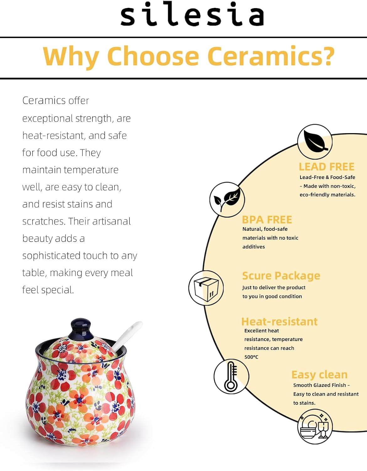 silesia Handmade Sugar Bowl with Lid and Spoon, 9 Ounce Ceramic Hand-Painted Sugar Jar for Home in Gift Box, Kitchen Decor, Oven, Dishwasher & Microwave Safe, Jungle Floral