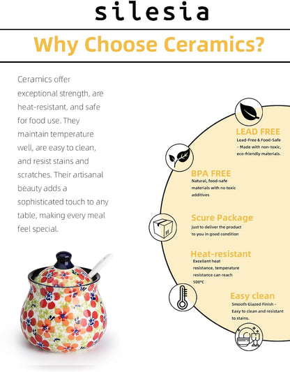 silesia Handmade Sugar Bowl with Lid and Spoon, 9 Ounce Ceramic Hand-Painted Sugar Jar for Home in Gift Box, Kitchen Decor, Oven, Dishwasher & Microwave Safe, Jungle Floral