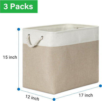 Bidtakay Extra Large Storage Baskets for Organizing 17x12x15.1 inch 3-Pack Fabric Closet Organizers Storage Bins with Handles Foldable Storage Baskets for Shelves Clothes XL-White&Beige