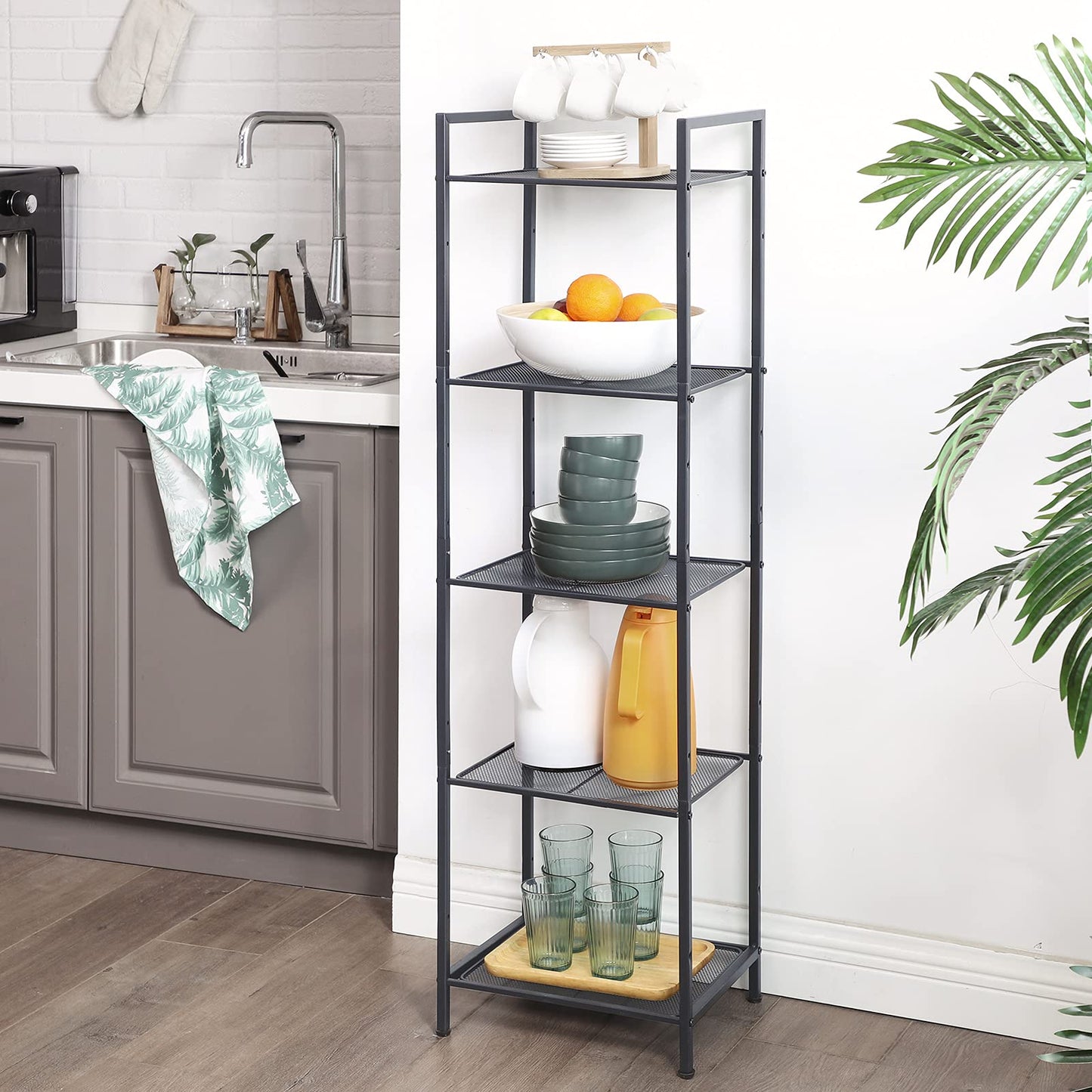 SONGMICS 5-Tier Storage Rack, Bathroom Shelf, Extendable Plant Stand with Adjustable Shelf, for