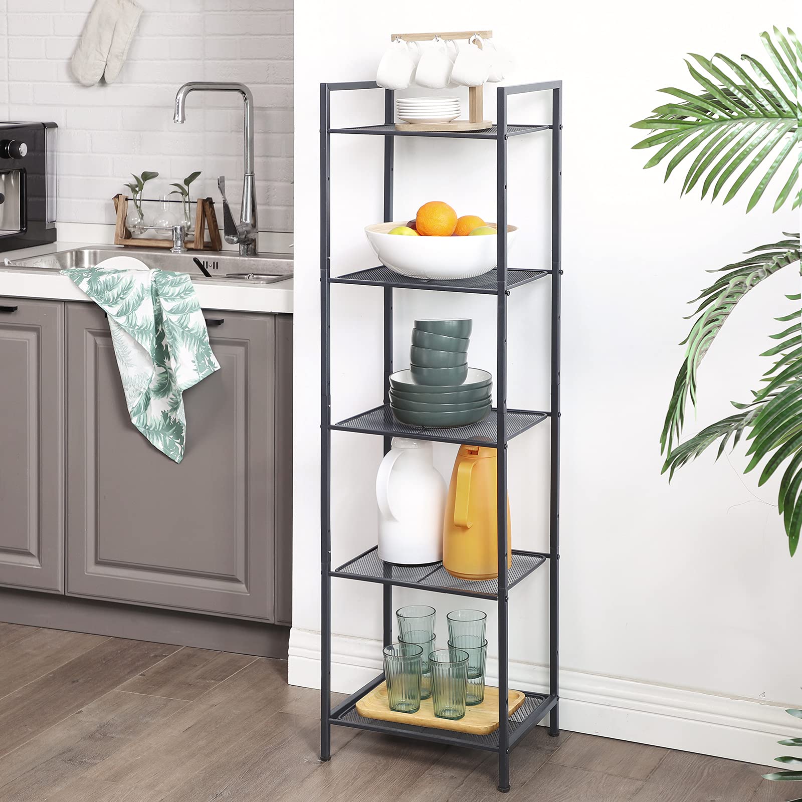 SONGMICS 5-Tier Storage Rack, Bathroom Shelf, Extendable Plant Stand with Adjustable Shelf, for