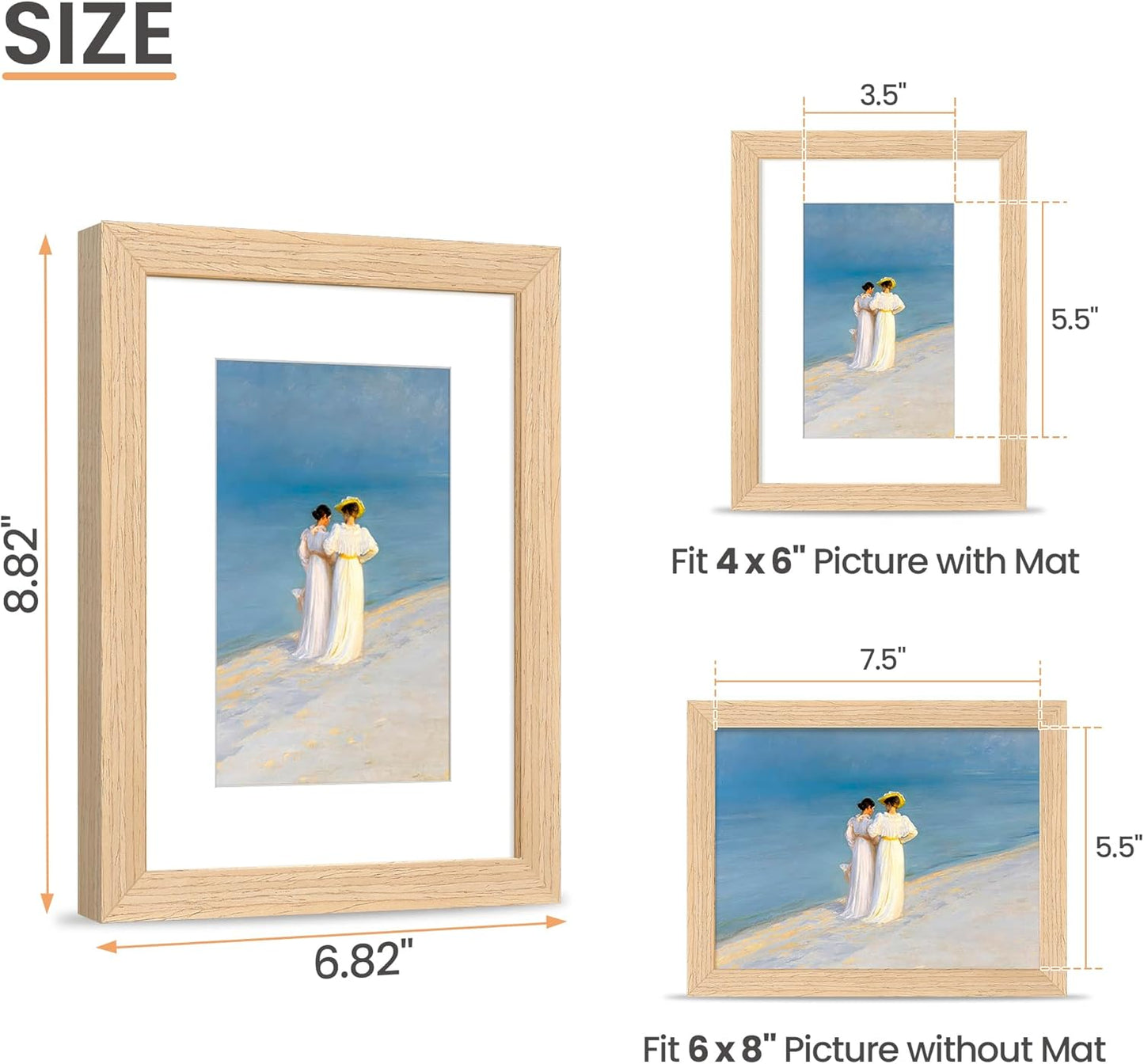 upsimples 6x8 Picture Frame, Natural Solid Wooden Picture Frames, Display 4x6 with Mat or 6 x 8 Without Mat, Wall or Tabletop, 1 Pack, Natural