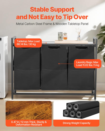 VEVOR 3 Section Laundry Sorter, Large Laundry Hamper with Metal Frame and Wooden Tabletop