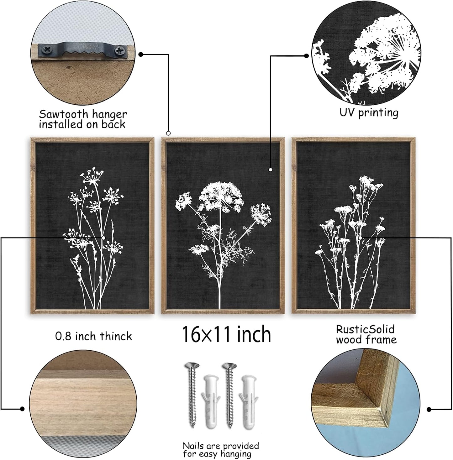 Flower Plant Wall Art Decor 16"x11" Set of 3 Black And White Botanical Painting Wood Framed For Minimalist Bedroom Office Rustic Living Room Abstract Wildflower Sign Hanging (Wood Black)