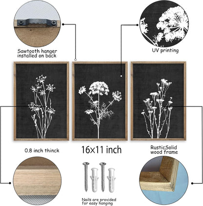 Flower Plant Wall Art Decor 16"x11" Set of 3 Black And White Botanical Painting Wood Framed For Minimalist Bedroom Office Rustic Living Room Abstract Wildflower Sign Hanging (Wood Black)