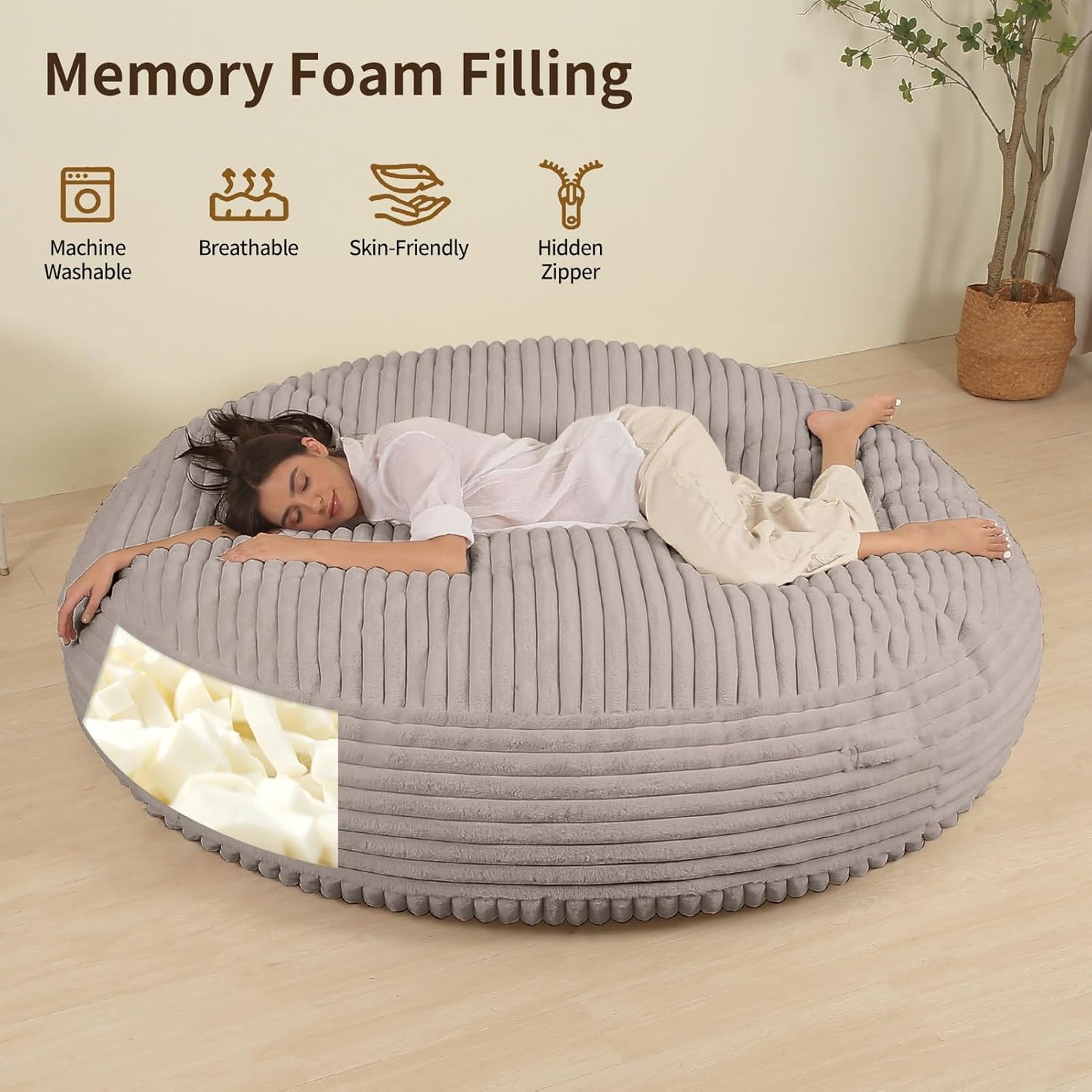 Memory Foam Bean Bag Chair, Bean Bag Bed with Fluffy Removable Cover, for Living Room Bedroom, 6FT Grey