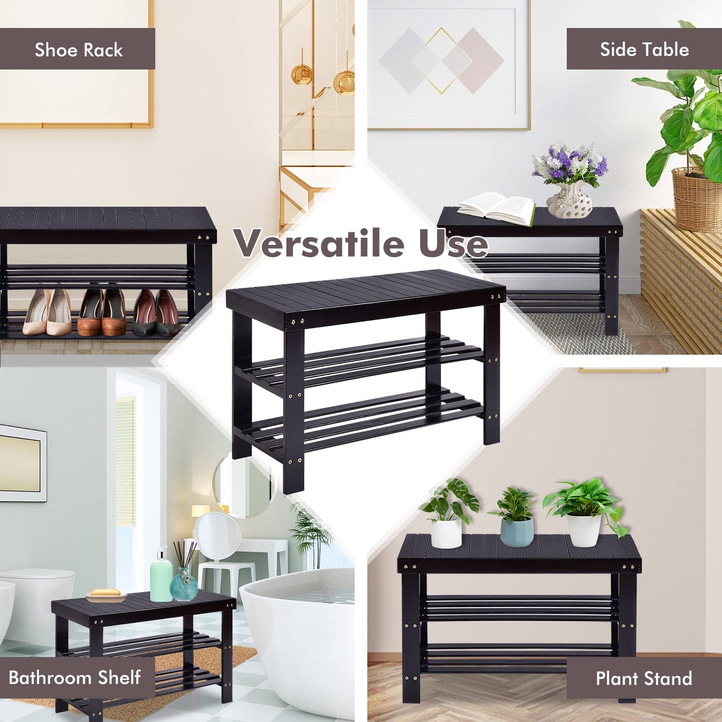COSTWAY 3-Tier Shoe Rack Bench, Free Standing Wood Entryway Shoe Storage Organizer, Bamboo Storage