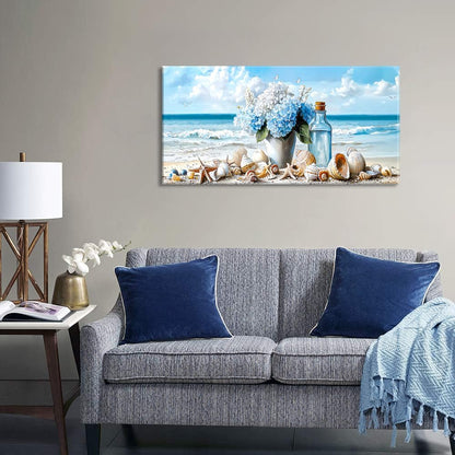 LASMOND Romantic Beach Wall Art for Living Room Blue Shells Conch Vase Canvas Prints Modern Large Flower Bottle Bedroom Ocean Artwork Decor (30x16 Inches)