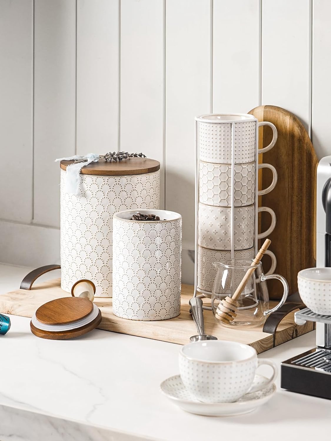 LE TAUCI Food Storage Containers with Airtight Lids, 78/25 oz Ceramic Sugar Canisters Sets, Embossed Large Jars for Pasta, Oats, Coffee Bean, Cookies, Rice, Grains, Tea - Set of 2, Fireworks