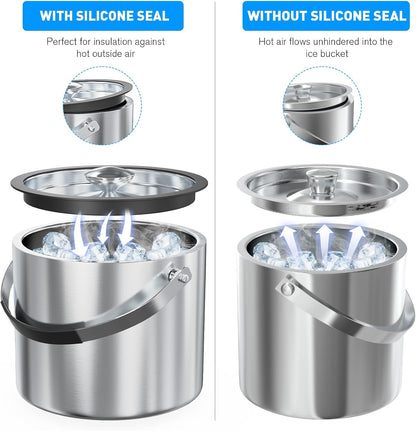 3.2 Liter Ice Bucket with Silicone Lid, Strainer, Tongs, Double Wall Insulated Stainless Steel Ice Bucket Wine Bucket for Cocktail Bar and Parties