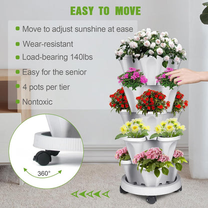 Vertical Strawberry Planter 5 Tier Stackable Tower Herb Planters-Stacking Garden Outdoor Planter Pot with Tools Mover for Succulents, Vegetables and Flowers