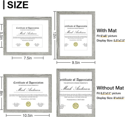 Vittanly 8.5x11 Picture Frames Set of 9, Shatter Resistant Plexiglass, Display 6x8 Pictures with Mat or 8.5x11 without Mat, Photo Frames for Wall or Tabletop, Engineered Wood, Grey