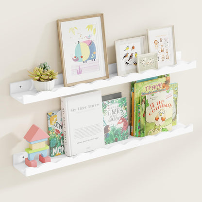 Fun Memories Picture Ledge Shelf for Wall, 36 inch Pine Wood Nursery Book Shelves Set of 2- Wall Book Shelves for Kids Room, Home Decor - Kitchen Spice-White